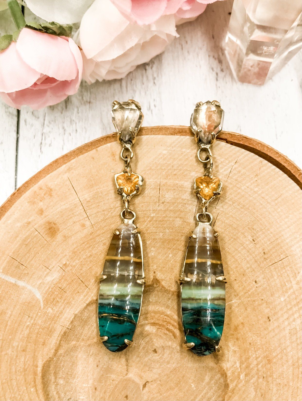 Opalized Wood, Fire Opal, and Topaz Earrings